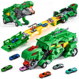 Garvee Dinosaur Carrier Truck Playset with 12 Cars, Foldable 3-Layer Race Track, Durable Non-Toxic Material, Portable Storage, Kids 3+ Fun Gift - Green