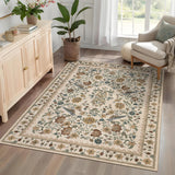 Garvee Floral Birds Washable Rug 5x7 Area Rugs for Bedroom Low Pile Faux-Wool Carpet Ultra Soft Non-Slip Indoor Rug for Living Room, Dining Room, Nursery, Beige - Beige