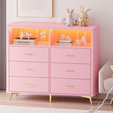 Garvee 6-Drawer Baby Dresser with LED Lights, Power Outlet & Changing Table Top – Nursery Storage Organizer with Open Shelves & Charging Station – Comfortable Diaper Changing Station for Bedroom – Pink