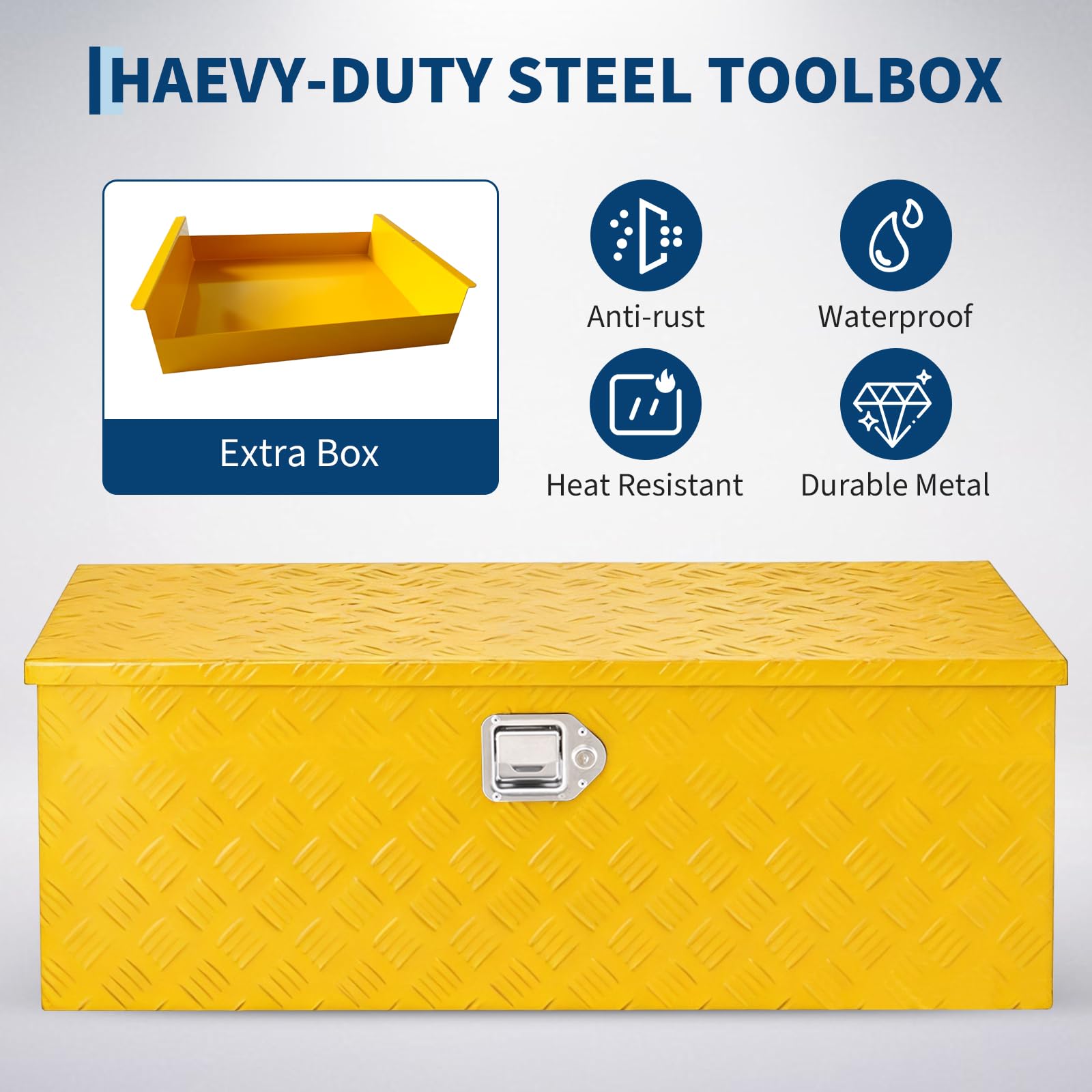 yellow diamond plate tool box with an included organizer tray and feature icons