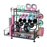 Garvee All-in-One Home Gym Storage Rack, Heavy Duty Carbon Steel Dumbbell Rack & Workout Organizer with Side Hooks, Large Capacity Fitness Equipment Stand for Yoga Mats, Kettlebells & Resistance Bands - Black