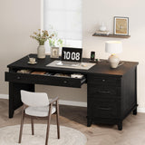 Garvee Farmhouse Executive Office Desk with Power Outlets & USB Ports – 53.5" Wooden Computer Desk – Adjustable File Cabinet – Storage Drawers, Black - Black