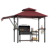 Garvee 8x5 ft Grill Gazebo with Double-Tier Canopy, Adjustable Side Awnings, Heavy-Duty Steel Frame, Shelves & Hooks, LED Lights, Backyard Patio Shelter - Claret