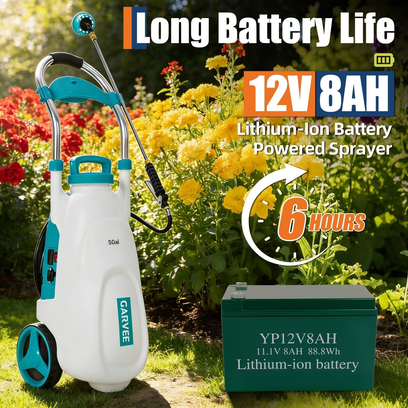 weirran automatic electric garden sprayer Garvee 5.3 Gallon Battery Sprayer with Cart, 12V 8Ah Wheeled Garden Sprayer, 90 PSI Adjustable Pressure, 6 Nozzles & 2 Wands for Lawn & Garden