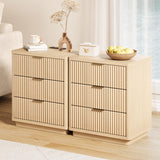 Garvee Nightstand Set of 2, 3 Drawers Nightstand Fluted Bedside Table With Outlet, Light Wood Night Stand with Storage, Modern End Table with Metal Handle for Bedroom and Living Room, Space Saving