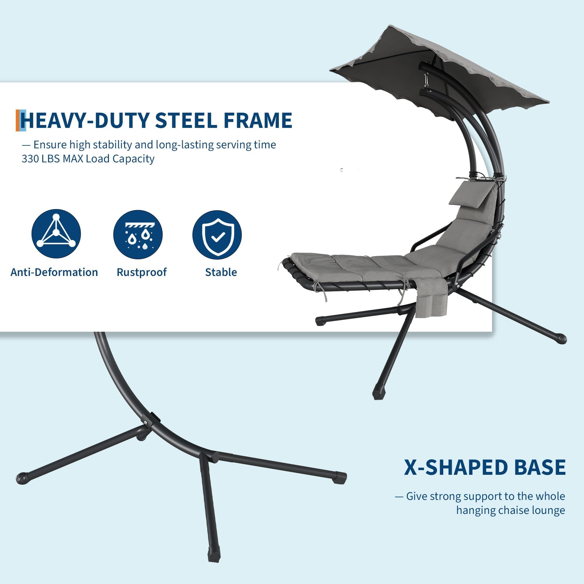 Grey green hanging chaise lounge with curved steel frame, X shaped base and 330 lb capacity graphic