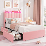 Garvee Twin Size Bed Frame LED Lighting Storage Drawers Soft Boucle Fabric Metal Frame Noise-Reducing Strips Bedroom - Pink