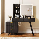 Garvee Modern Makeup Vanity Desk with Lighted Mirror, 5 Drawers, Power Outlet, Storage Shelves, Wave Panel, 3-Color LED Lighting – Bedroom Dressing Table - Black - Black
