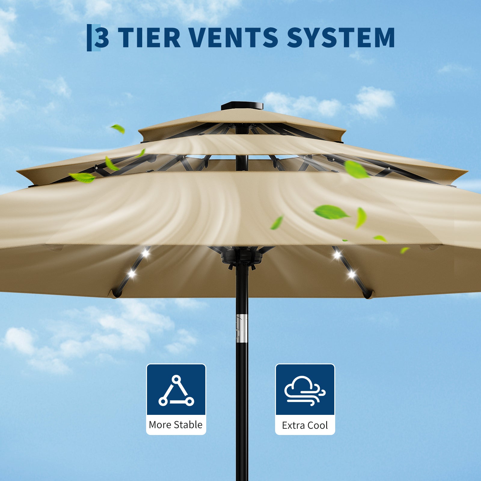 3 vent patio umbrella Garvee 3-Tier Solar Patio Umbrella with LED Lights, Vented Canopy, Easy Crank & Tilt, 10ft, Tan