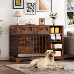 Garvee 47" Dog Crate Furniture Indoor with 2 Drawers & 4 Shelves, Large Dogs Kennel Furniture TV Stand, Wooden Dog Cage for Large Medium Dogs, Brown - Brown