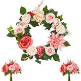 Garvee Realistic Spring Peony & Rose Wreath Set – Artificial Floral Garland on Natural Rattan, Farmhouse Door or Wall Decor, Includes 2 Bouquets, Perfect for Home, Wedding, or Party, Size: 18inch - Rose
