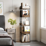 Garvee 360° Rotating Corner Bookshelf Tower, 5-Tier Freestanding Bookcase with Guardrail - Tall, Narrow Industrial Storage Rack - Perfect for Living Room, Bedroom, Office, Study - Sunset Cloud Color - Rustic Brown
