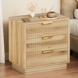 Garvee Fluted Nightstand with 3 Drawers, Wide Metal Handles, Natural Oak Finish, Durable MDF Wood, Anti-Tipping, Bedroom & Small Spaces - Natural Oak