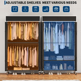 Garvee Heavy-Duty Rolling Portable Closet Wardrobe with Cover - 485 lb Garment Rack, Lockable Casters - 2 Hanging Rods & Adjustable 3-Tier Shelves - 45 x 17 x 79 in - Black