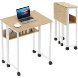 Garvee Space-Saving Folding Desk with Storage Shelf - Compact Rolling Computer Table with Wheels for Small Spaces - Portable Workstation, Easy Assembly, Ideal for Home Office, Study, Sofa Table - Wood Color