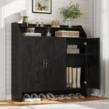 Garvee Farmhouse Shoe Storage Cabinet for Entryway, 47" Tall Wooden Shoe Organizer with 3 Doors, 5-Tier Adjustable Shelves & Open Storage Rack - Black Wood Grain, Triple Door - Black
