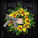 Garvee 20 Inch Wreath with Welcome Sign, Spring Summer Wreaths for Front Door with Yellow Blooms and Buffalo Plaid Bow, for Farmhouse Porch Window Wall Home Decor