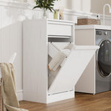 Garvee Farmhouse Tilt-Out Laundry Hamper Cabinet - Hidden Trash Can Storage with Drawer & Basket, Wood Organizer for Bathroom/Kitchen, 10 Gallon, Single Cabinet, Antique White - White