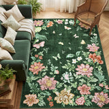 Garvee 9x12 Washable Floral Area Rug, Non-Slip Low Pile Rug, Stain Resistance Carpet for Living Room, Bedroom, Dining Room, Green - Dark Green