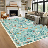 Garvee 9' x 12' Light Green Butterfly Garden Floral Area Rug, Washable Polyester Non-Slip Low-Pile Carpet for Living Room, Bedroom and Dining Room - Light Green
