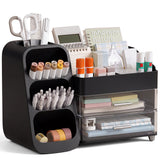 Garvee Desk Organizer with Pen Holder, Multi-Compartment Desktop Stationery Storage Caddy - 2 Clear Drawers - ABS/PET Desk Accessory Sorting Holder, Black - Black