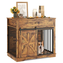 Garvee 37.8"W Dog Crate Furniture for Small/Medium Dogs, 2-in-1 Iron-Wood Fusion Dog Cage Indoor As Side End Table, Farmhouse Dogs Kennel with Sliding Barn Doors & Storage Drawer, Brown - Brown