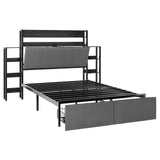 Garvee Full Upholstered Bed Frame with Hidden Headboard Storage,Top Shelve , LED Lights, Charging Station, Side Shelves, Pull-Out Footboard Storage - Black-Gray