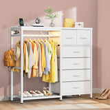 Garvee 6-Drawer Fabric Dresser Organizer with Hanging Rail, Open Shelf, Wooden Top & LED Light – Metal Frame Closet Storage for Bedroom, Entryway – White – 6 Compartments - 