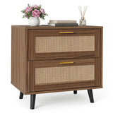 Garvee Rattan bedside table with Charging Station, 2-Drawer Boho Bedside Table - USB Ports & AC Outlet - Cane Wood End Table for Bedroom, Small Spaces - Black Walnut - Walnut