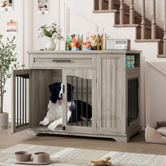 Garvee Wooden Dog Crate Furniture with Feeding Bowls & Storage, Heavy Duty Indoor Dog Kennel End Table, Decorative Furniture Dog Crate for Small Medium Large Dogs, Gray - Gray
