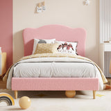 Garvee Pink Twin XL Upholstered Bed Frame for Kids - Scallop Headboard, Soft Velvet, Sturdy Wooden Slats, No Box Spring Needed, Noise-Free Platform, Low to Ground - Pink, TWIN-XL - Pink
