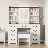 Garvee 47.2" Makeup Vanity Desk with LED Lighted Mirror, 10 Drawers & Storage Shelves, Built-In Power Outlet with USB Ports, Vintage Wave Base, Cushioned Stool - Walnut/White - Walnut+White