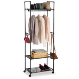 Garvee 3-in-1 Heavy Duty Carbon Steel Portable Wardrobe Closet – Multi-Tier Clothes Organizer with Lockable Rolling Wheels, Top Bag Shelf, Hanging Rod & 2 Storage Shelves – Space-Saving Bedroom or Entryway Closet Organizer