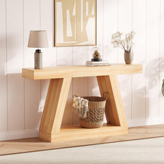 Garvee 55in Console Table Narrow Entryway Table Wooden Trapezoidal Sofa Table with Open Storage Shelf Sturdy Durable Engineered Wood Natural Finish for Hallway Living Room - Natural