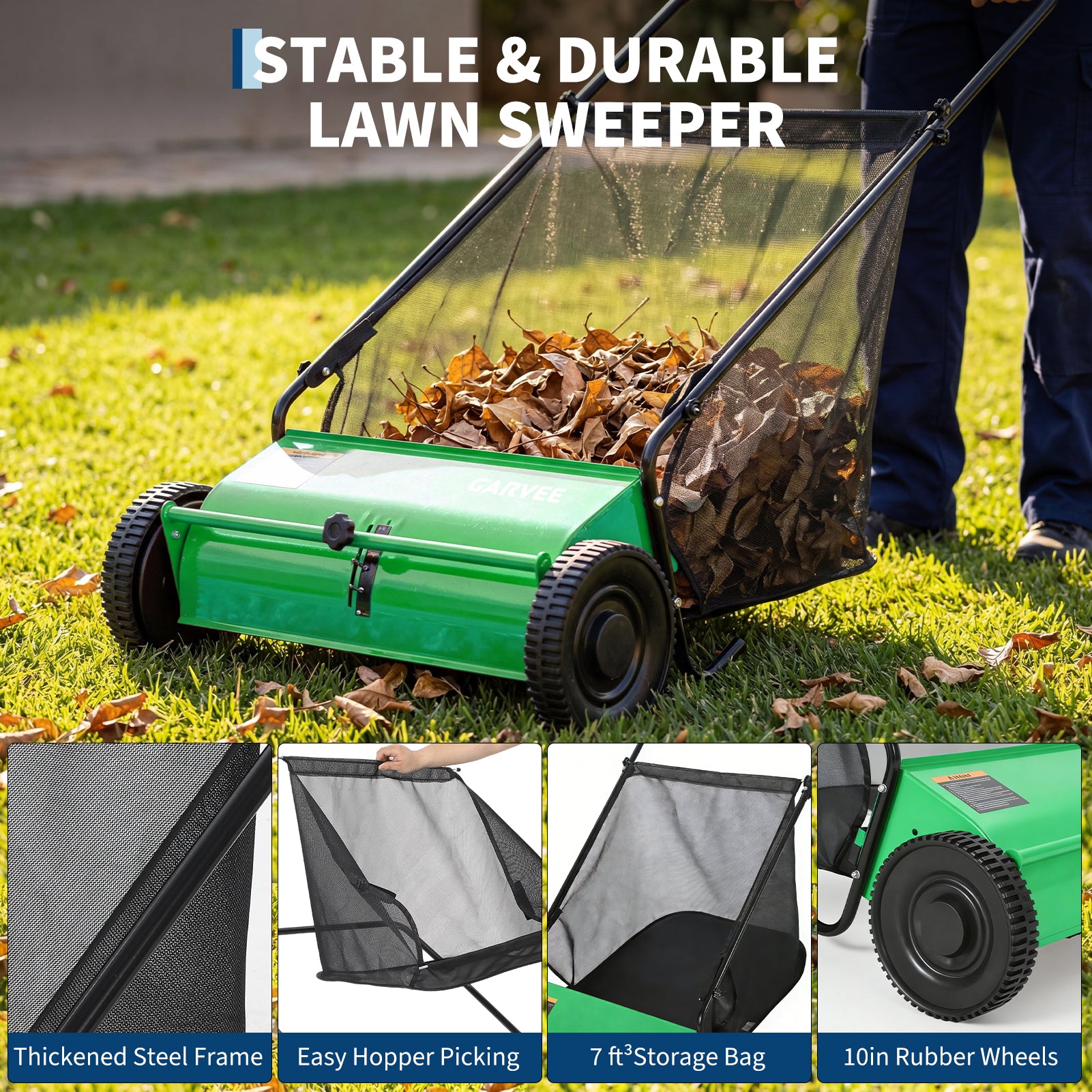 Garvee 26-Inch Push Lawn Sweeper, Walk-Behind Leaf & Grass Collector w