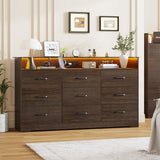 Garvee 9 Drawer Dresser for Bedroom, 65" Wide Chest of Drawers with Large Storage Space and Charging Station, Modern Organizer Cabinet with Open Shelf Table for Living Room, Hallway, Brown - Brown