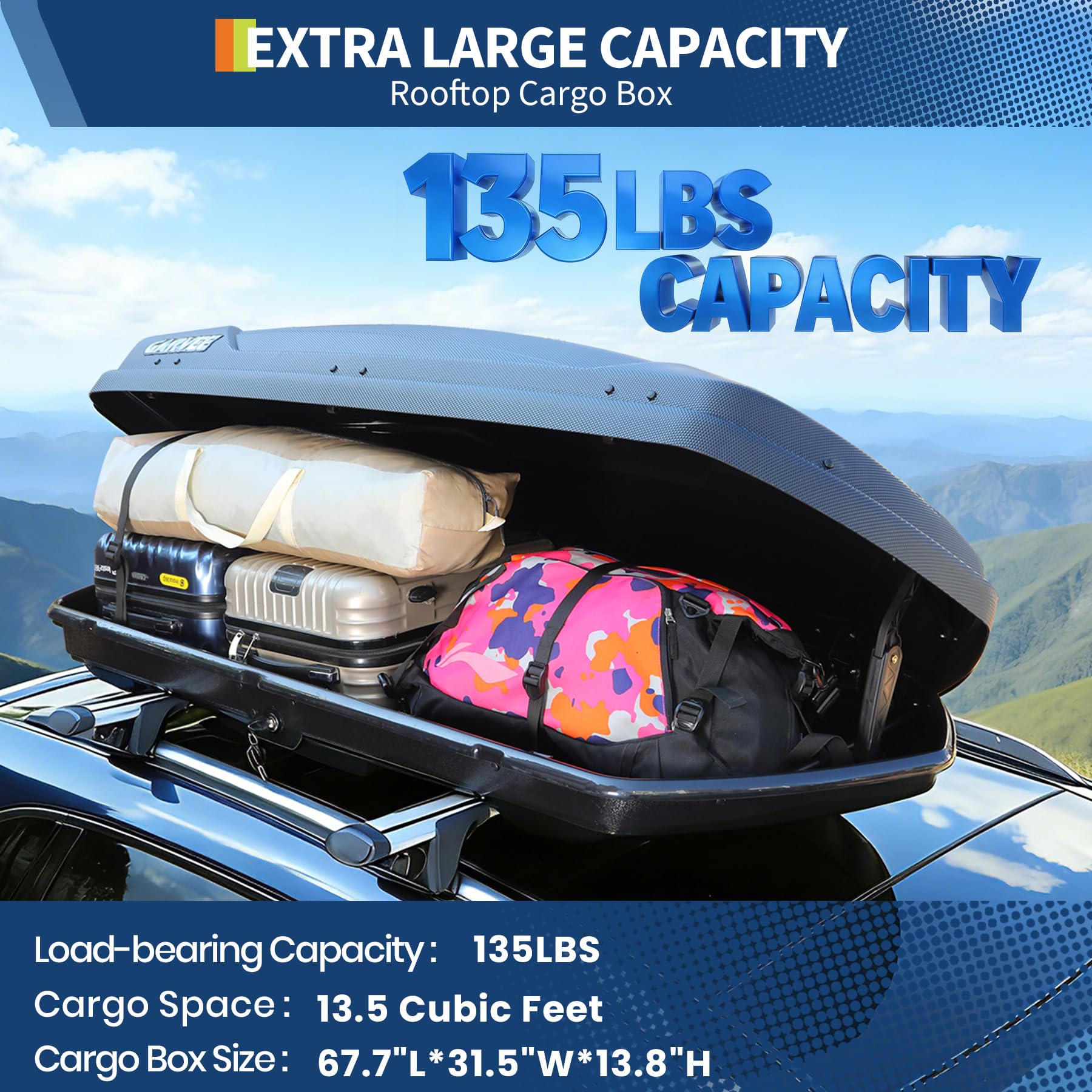 black rooftop cargo box showing 13.5 cubic feet storage capacity
