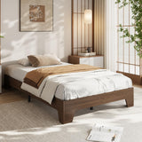 Garvee Twin Size Platform Bed Frame Wood-Look Finish Sturdy Slats Engineered Wood No Box Spring Needed Open-Side Minimalist Design Easy Assembly Nature Bedroom - Walnut