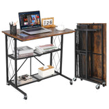 Garvee 3-Tier Foldable Desk with Wheels, 31.5 inch Large Capacity Shelving Unit, Freestanding Metal Wire Shelf Rack, No Assembly Organizer Rack for Study Room, Living Room, Office