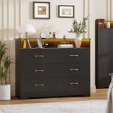 Garvee 6 Drawer Dresser for Bedroom - 47.2” Wide Double Chest of Drawers with LED Light and Charging Station, Modern Large TV Stand Cabinet Organizer with Open Shelf for Living Room, Entryway, Hallway, Black - Black
