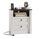 Garvee Farmhouse Rustic Nightstand with Charging Station & 2 Drawers, Roman Column Design 23.62" Wide Wood End Table , White Night Stand Side Table for Bedroom and Living Room - 1Pc 26"H X 23"W X 15.7"D - 2 Drawer