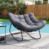 Garvee Oversized Outdoor Papasan Rocking Chair – Deep Curved Egg Seat, Cushioned Handwoven Rattan Patio Glider, Heavy Duty 450 lbs, Comfortable Lounge for Balcony, Porch, or Lawn, Black Rattan + Light Gray Oxford Fabric - Oxford Gray