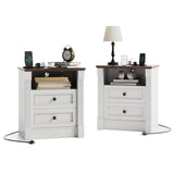 Garvee Farmhouse Rustic Nightstand with Charging Station & 2 Drawers, Roman Column Design 23.62" Wide Wood End Table , White Night Stand Side Table for Bedroom and Living Room - 2Pc 26"H X 23"W X 15.7"D - 2 Drawer