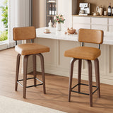 Garvee Swivel Bar Stools Set of 2, 26" Upholstered Counter Height Bar Stools with Back and Walnut Wood Legs, Mid Century Bar Chair Island Stool for Kitchen Counter, Faux Leather Barstools, Brown - Brown