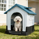 Garvee Small Dog House Outdoor with Air Vents and Elevated Floor for Puppy, Plastic Waterproof Doghouse Sloping Roof, Easy Clean and Assemble, Blue(25.2"D×19.3"W×26"H) - Blue