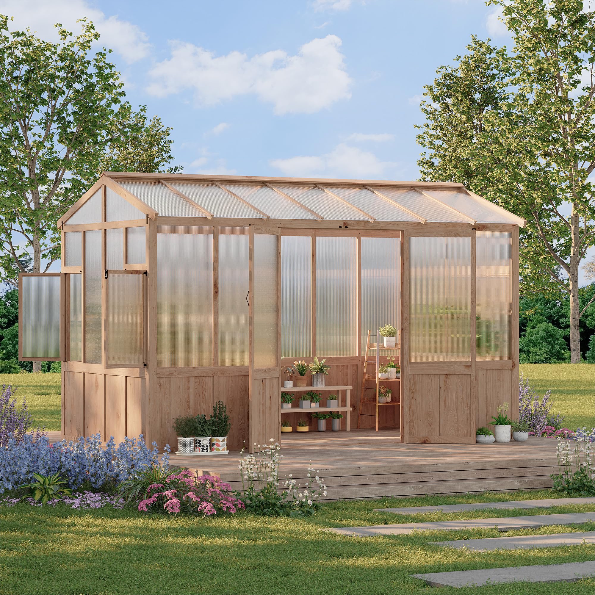 Garvee 8x12 ft Wooden Greenhouse Heavy Duty Walk-in Kit with 6 mm