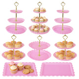 Garvee 14-Piece Pink Cake Stand Set – 4 Two-Tier & 4 Three-Tier Cupcake Stands, 6 Durable Plastic Dessert Platters – Reusable Display for Parties, Weddings, Buffets – Pink, Size 15.20.25 - Pink