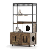 Garvee Modern Hidden Cat Litter Box Enclosure with Storage Rack, Indoor Enclosed Cat Furniture, Hammock, Sisal Balls, Scratching Mat, Multi-Level Private Cat House, Gray - Brown