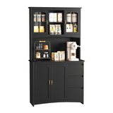 Garvee Tall Kitchen Pantry Cabinet with LED Lights & Charging Station – 71" Storage Hutch, Countertop, 3 Drawers, 4 Doors, Adjustable Shelves, Microwave Cabinet for Dining Room – Black, Golden Handle - Black