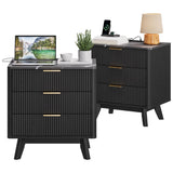 Garvee Nightstand Set of 2 Mid Century Modern Wood Bedside Tables with 3 Drawers & Charging Station, Sturdy Wood, Anti-Tipping Design, Black, Bedroom & Living Room - Black
